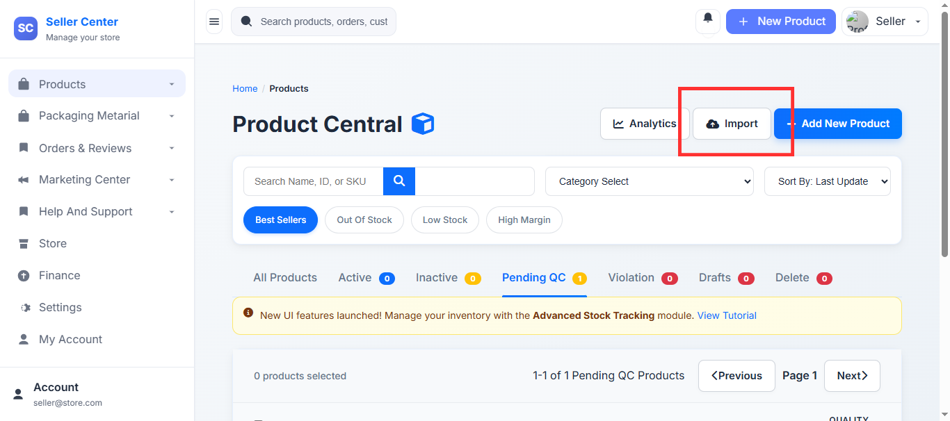 How to navigate to Import Products section in EasyBazaar seller dashboard